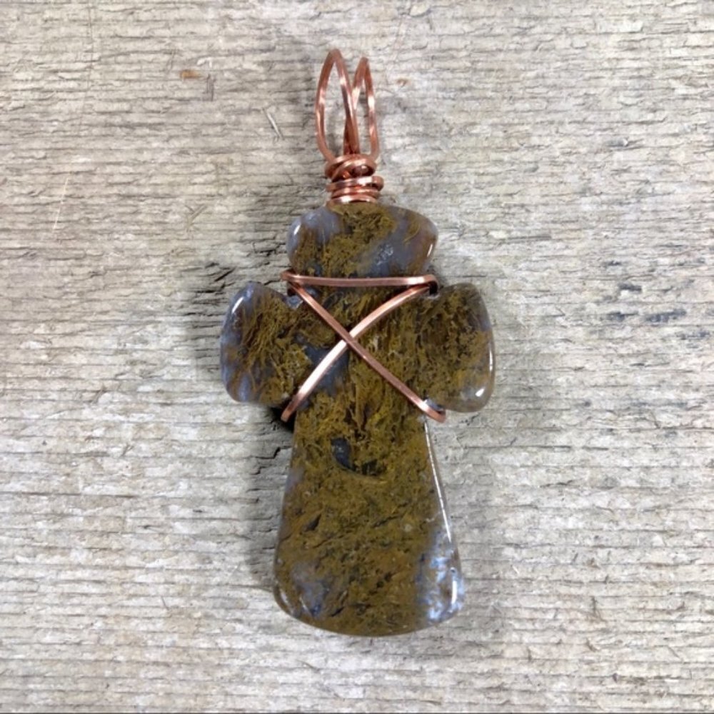 Fossilized Moss Agate Cross Necklace Pendant